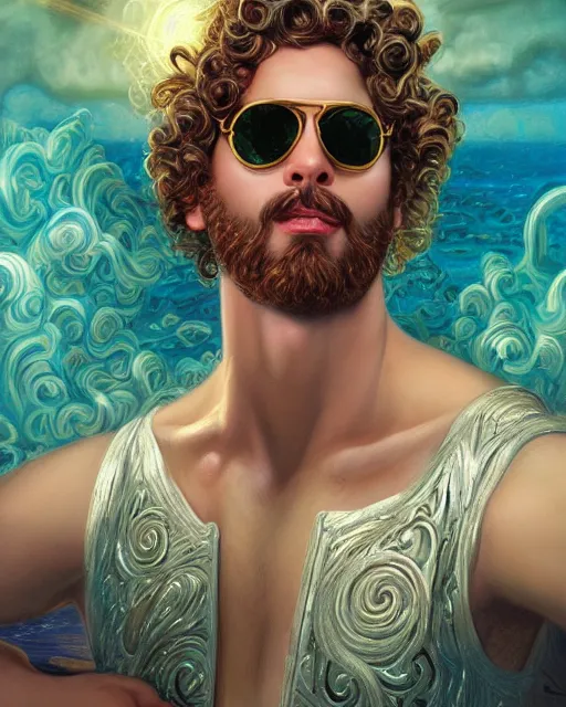 Prompt: portrait of glamor greek god zeus | wearing electric sunglasses and a laurel wreath | curly hair, beard | storm background | highly detailed | very intricate | professional model | cinematic lighting | painted by donato giancola and mandy jurgens and charlie bowater | bold colors, artdeco, art deco outrun aesthestic, 8 0's nostalgia | featured on artstation