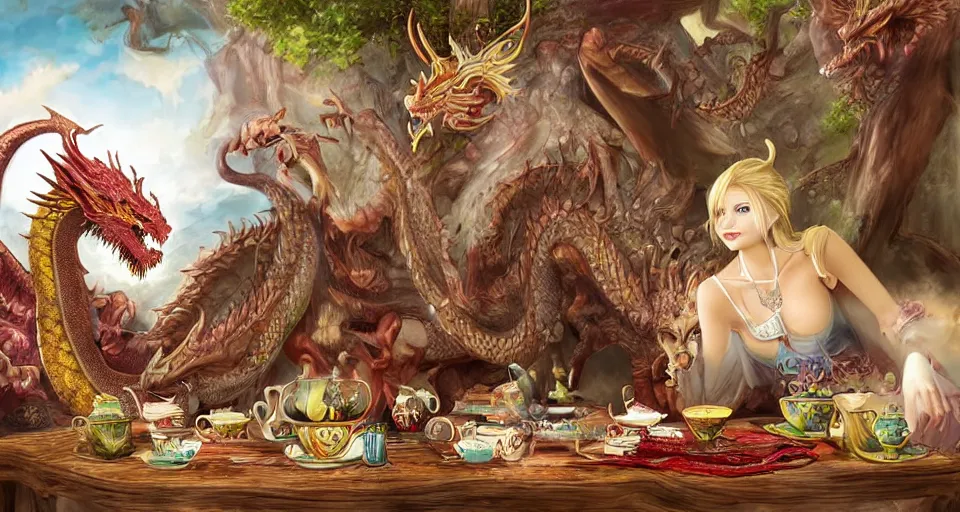 Image similar to A huge dragon having tea with his captive princess in his treasure-laden lair, digital art, detailed