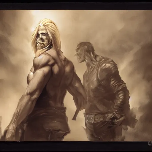 Image similar to portrait of a muscular, grim, ponytail haired blonde man in his late 30's, wearing a thick brown leather coat, looking to his side, scarred face, chiseled face, hunter, DnD character, fantasy character, dramatic lighting, high detail, graphite black and white by Ruan Jia, Krenz Cushart, Rossdraws and Boris Vallejo