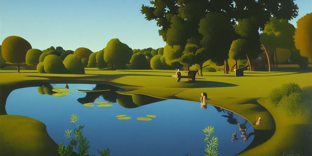 Prompt: the pond, blue sky, summer evening, kenton nelson