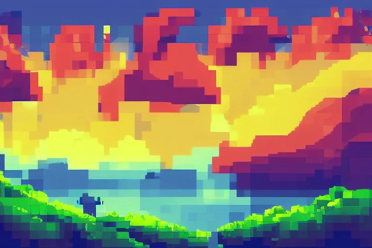 Prompt: pixel landscape, pixel evening, beautiful pixel cloud, beautiful pixel sky, quiet, no people, trending on artstation, trending on deviantart, pixelart, pixelperfect, pixel art, pixel, art of angrysnail, pixel game, indiegame