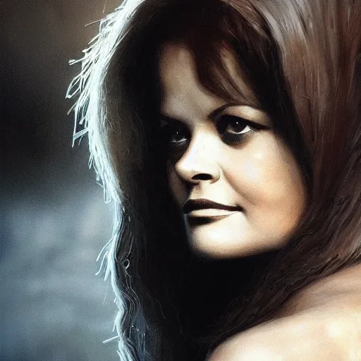 Image similar to closeup portrait of a young and beautiful claudia cardinale, dramatic light, gorgeous view, depth, high detail, digital art, painted by greg rutkowski and seb mckinnon, by tim burton, trending on artstation