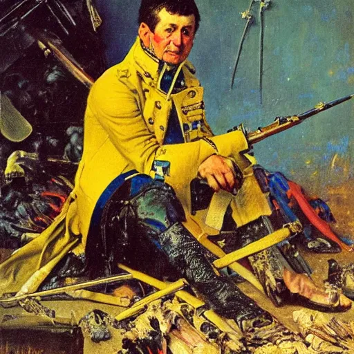 Image similar to Volodymyr Zelensky at war, dressed like Napoleon Bonaparte, sitting on the ground between dead corpses and crying, holding a half burnt blue and yellow flag of Ukraine, in the style of Norman Rockwell