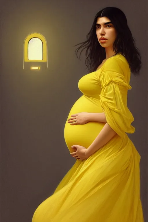 Prompt: pregnant dua lipa in a yellow dress, realistic portrait, symmetrical, highly detailed, digital painting, artstation, concept art, smooth, sharp focus, illustration, cinematic lighting, art by artgerm and greg rutkowski and alphonse mucha
