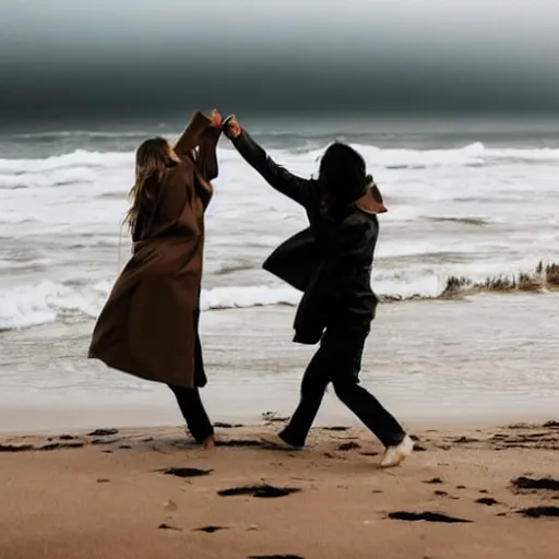 Prompt: zoom in photo of a man and woman, both wearing light brown trenchcoats, dancing together on a beach during cloudy weather, it is a little dark outside