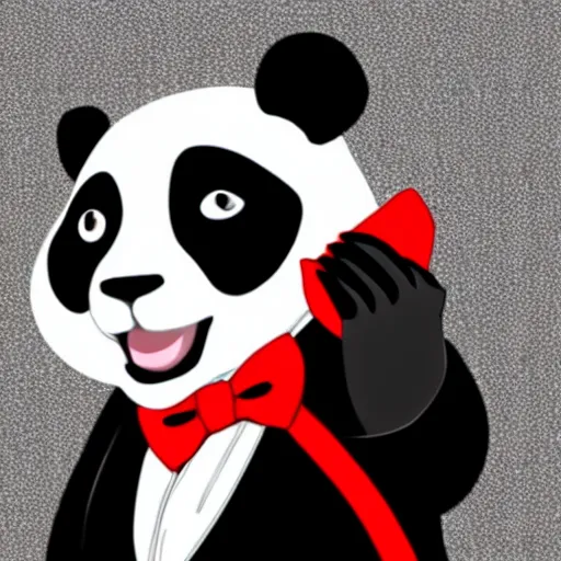 Image similar to a portrait of a panda wearing a black suit with a white shirt and red bow tie, black background