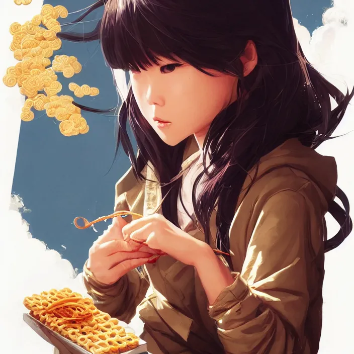 Image similar to asian girl eating a ritz cracker by artgerm, tooth wu, dan mumford, beeple, wlop, rossdraws, james jean, marc simonetti, artstation giuseppe dangelico pino and michael garmash and rob rey and greg manchess and huang guangjian and makoto shinkai