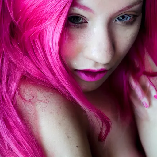 Image similar to a beautiful woman with pink hair and fair skin, portrait photograph, nikon 3 5 mm, photograph