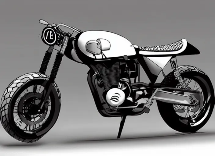 Prompt: concept art, prototype scrambler cafe racer motorcycle. style dieter rams, syd mead