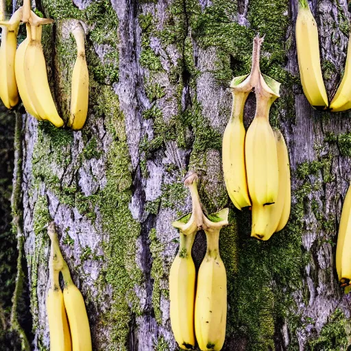 Image similar to 1 5 bananas hanging from a spruce tree, photograph, high quality, 4 k, uhd