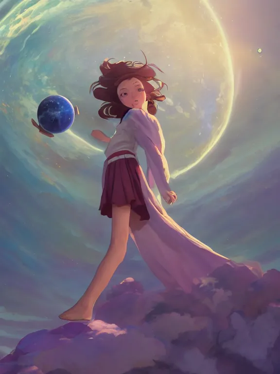 Image similar to a godly, wise, powerful giant girl wearing a skirt in space holding a small planet in her left hand. Soft lighting, cosmic skies, stunning, 8K, octane render. By Makoto Shinkai, Stanley Artgerm Lau, WLOP, Rossdraws, James Jean, Andrei Riabovitchev, Marc Simonetti, krenz cushart, Sakimichan, D&D trending on ArtStation, digital art.