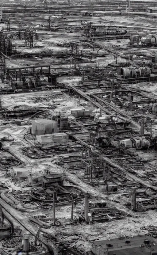 Image similar to industrial devastation abandoned factories oil field post - apocalyptic dusk wasteland irradiated contaminated