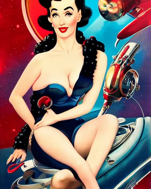 Image similar to retrofuturistic pinup model dita von teese as a varga girl posing on a space ship, in the style of anna dittmann and gil elvgren and alberto vargas.