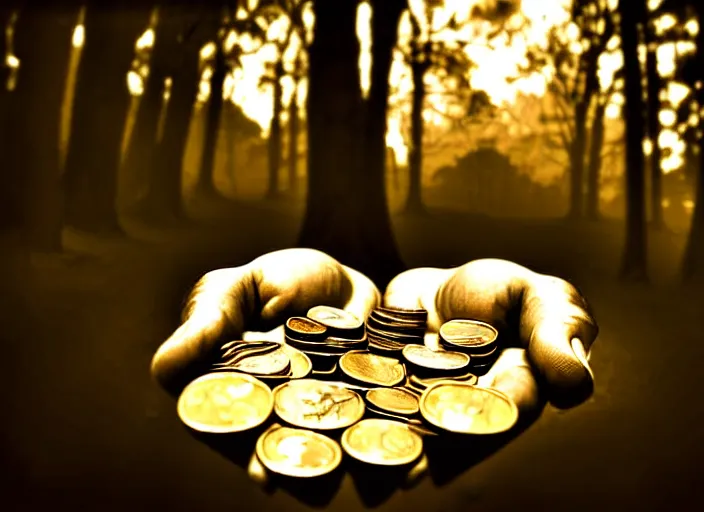 Image similar to old retro burnt out sepia photograph with scratches of an old and wrinkled hand holding a few golden coins with royal engravings. magical forest in the background with bokeh. Antique. High quality 8k. Intricate. Sony a7r iv 35mm. Award winning.