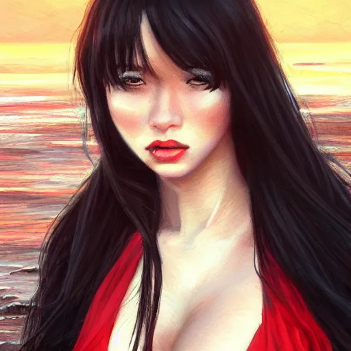 Image similar to woman with long dark black hair wearing red clothing standing by the beach, beautiful, 8k, highly detailed, realistic, artgerm, sakimichan, rutkowski, trending on artstation, perfect face, portrait, high contrast, golden light, dramatic lighting,