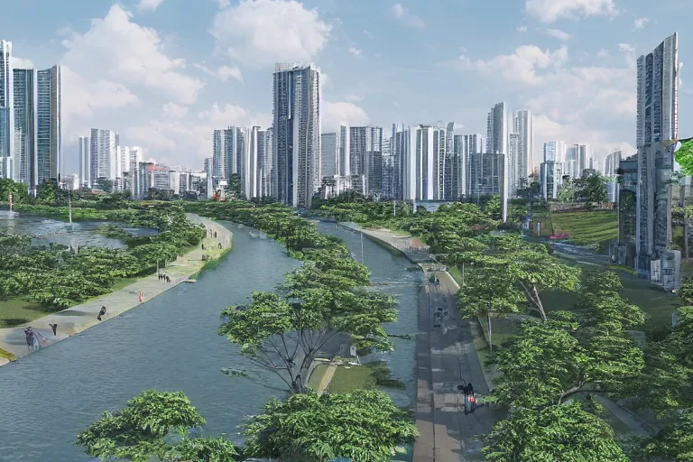 Image similar to linear park and esplanade along pasig river, view of the river and metro manila skyline, concept art, artstation