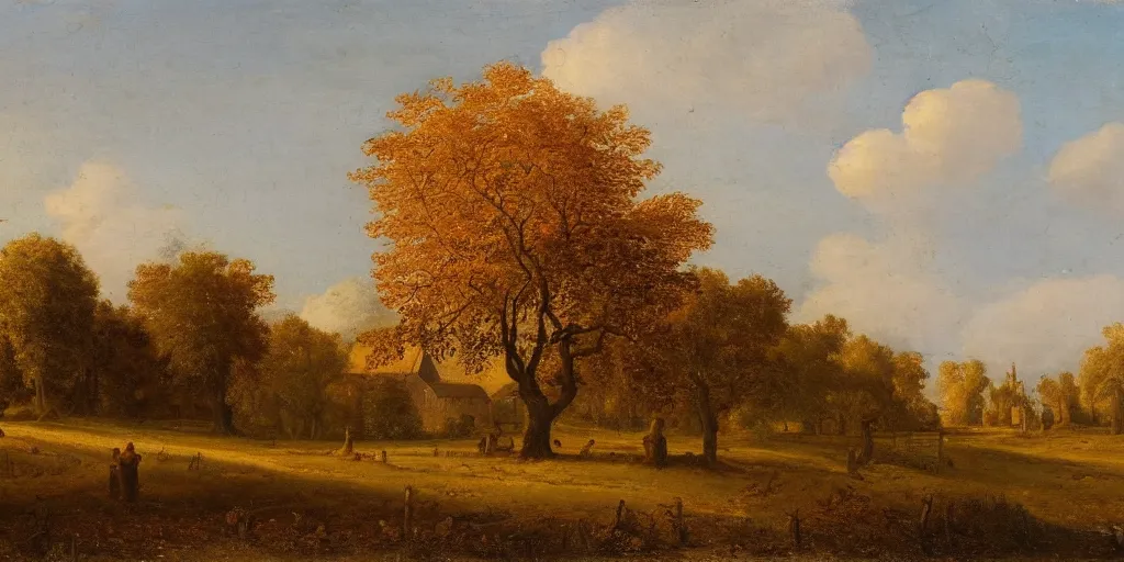 Prompt: a beautiful landscape painting of a giant tree next to a church in the fields, autumn season, by jan van goyen, oil on canvas, highly detailed, hd, 4 k