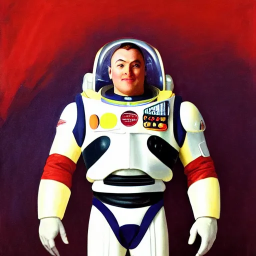 Prompt: painting of studio portrait of buzz lightyear. in a red communist space suit with communist symbols. symmetry. depth of field. intricate details. 8 k. cinematic light. vintage style. trending on artstation. art by john singer sargent - adolphe bouguereau - ralph mc quarrie.