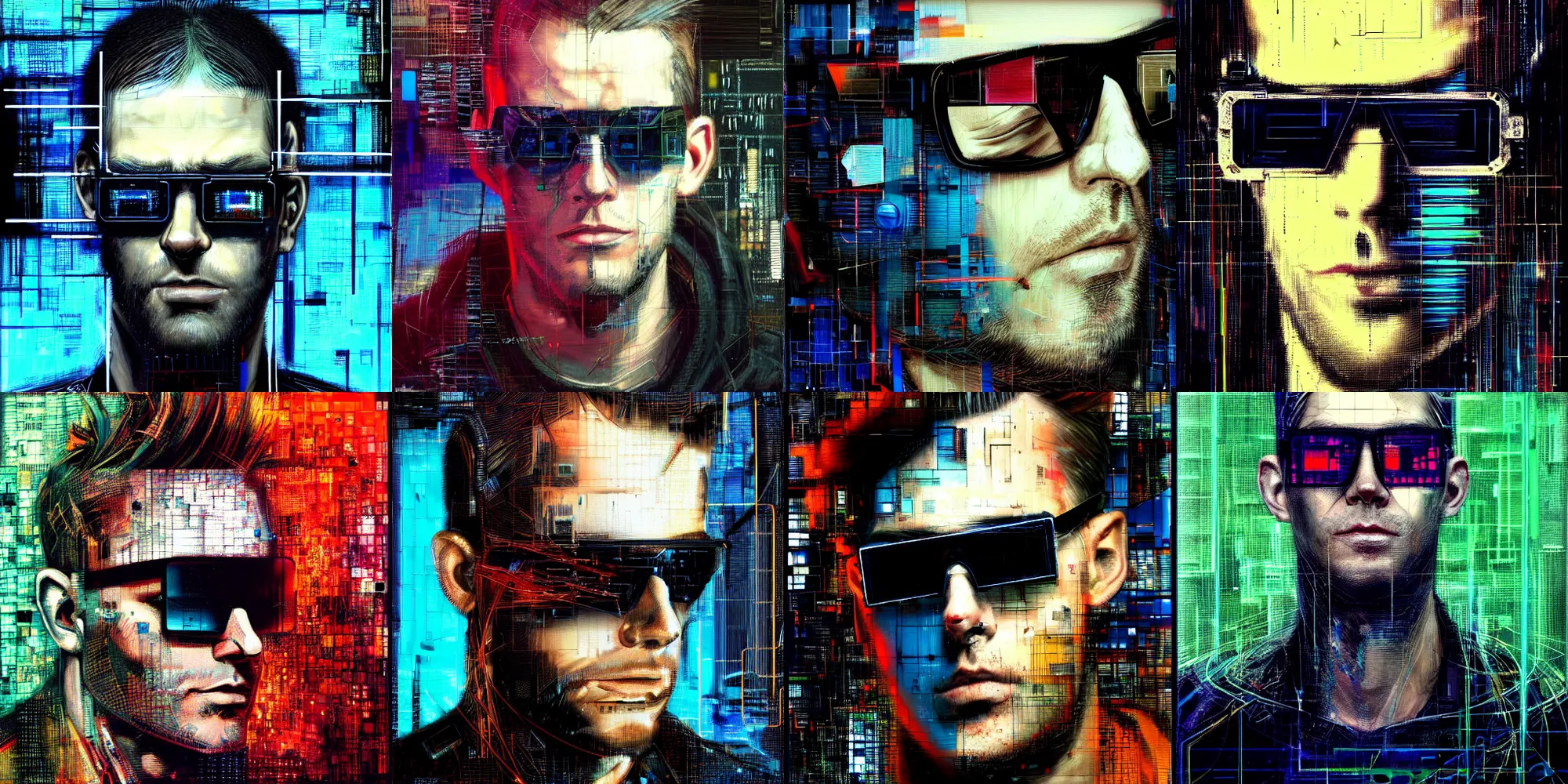 Prompt: hyperrealistic portrait of a cyberpunk man, by Guy Denning, Derek Gores, Johannes Itten, Russ Mills, hacking effects, long hair, digital ui, glitch effects, detailed lines, network, futuristic sunglasses, technological, color blocking!, circuitry, digital, oil on canvas, insane detail, front view, symmetrical, octane, concept art, profile pic, masterpiece, abstract, artistic, 8k, cinematic, cgsociety, trending on artstation