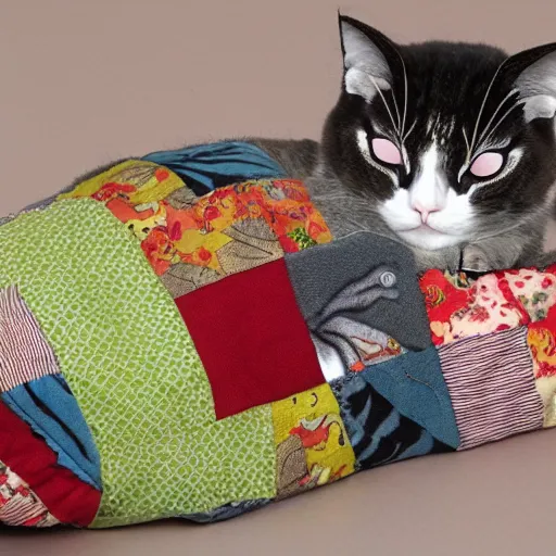 Image similar to a sleeping cat made of patchwork fabrics