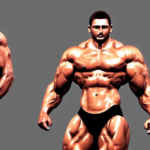 Image similar to a realistic detailed photo of a bodybuilder who is also a male android Chris Redfield, shiny skin, posing robotically, blank stare