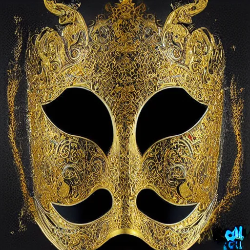 Prompt: a white - and - gold venetian mask emerging from thick black paint, digital art