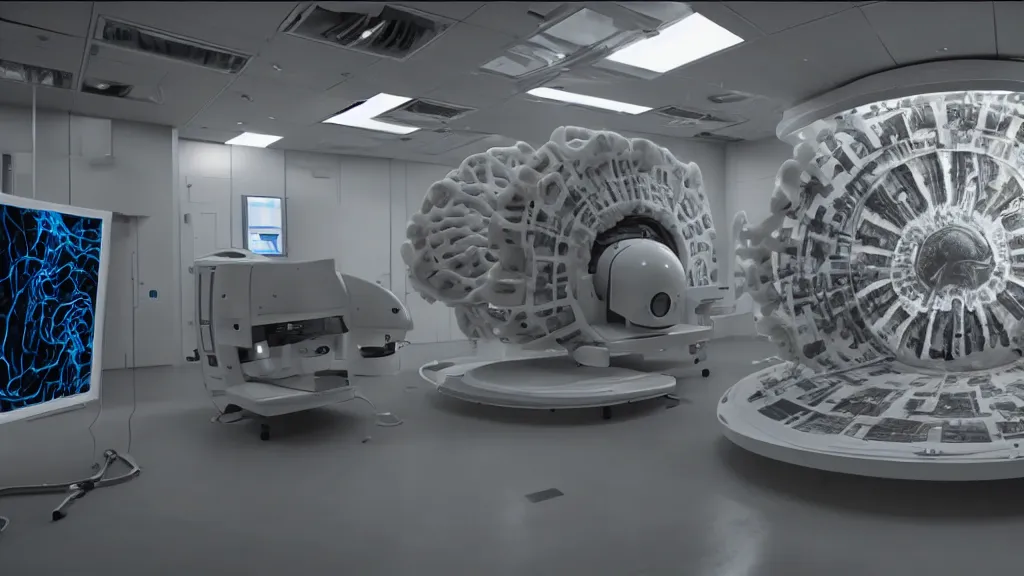 Prompt: a huge octo mri machine and control panels in the inspection room, film still from the movie directed by denis villeneuve with art direction by salvador dali, wide lens