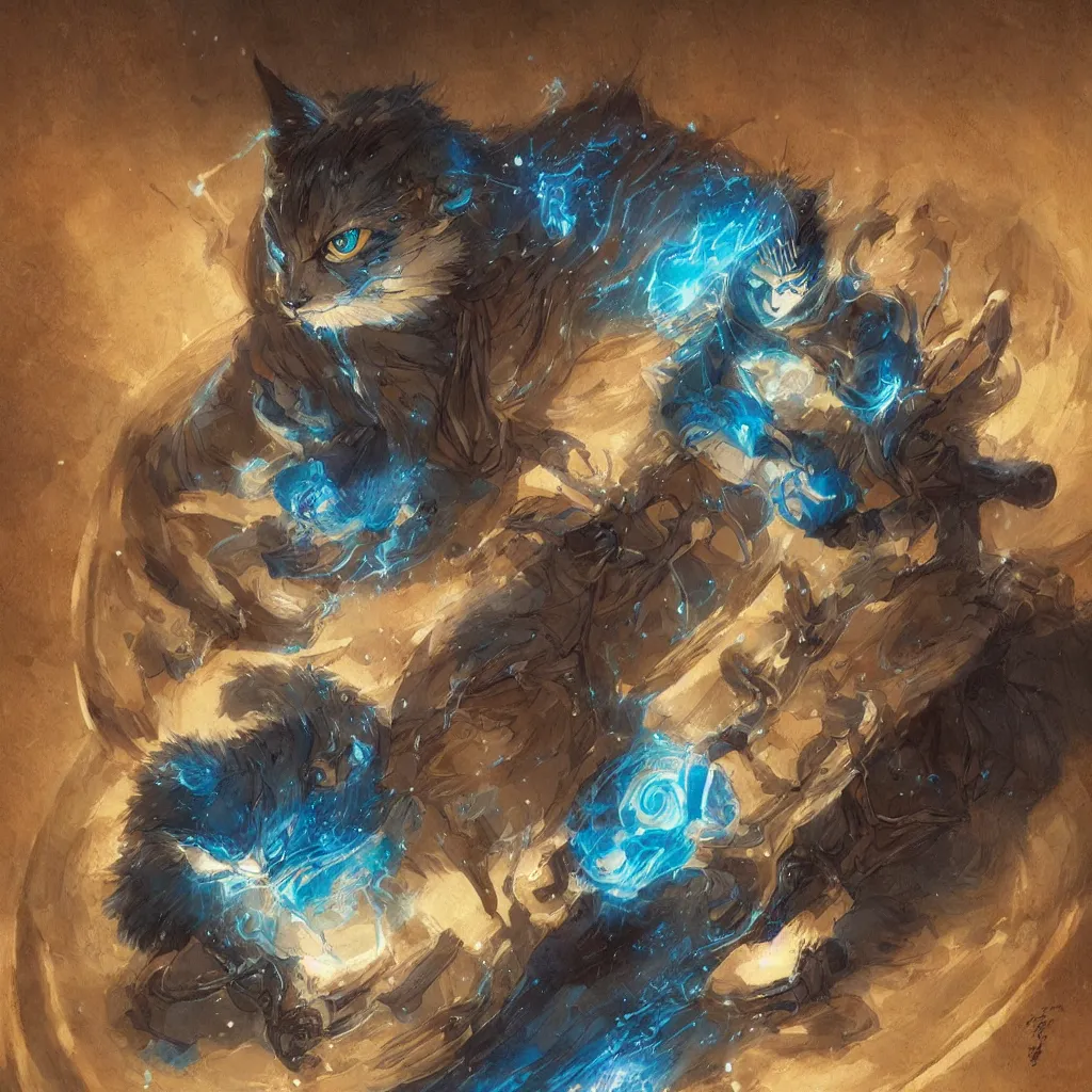 Image similar to anime cat with cloak laying on a magical wood carved chair, super powers, glowing tiny blue lines, concept art, by greg rutkowski, overdetailed art