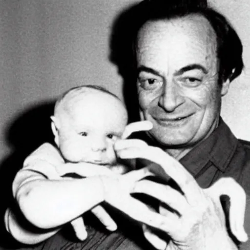 Prompt: a baby richard feynman with noodle hands designing the first atomic richard feynman