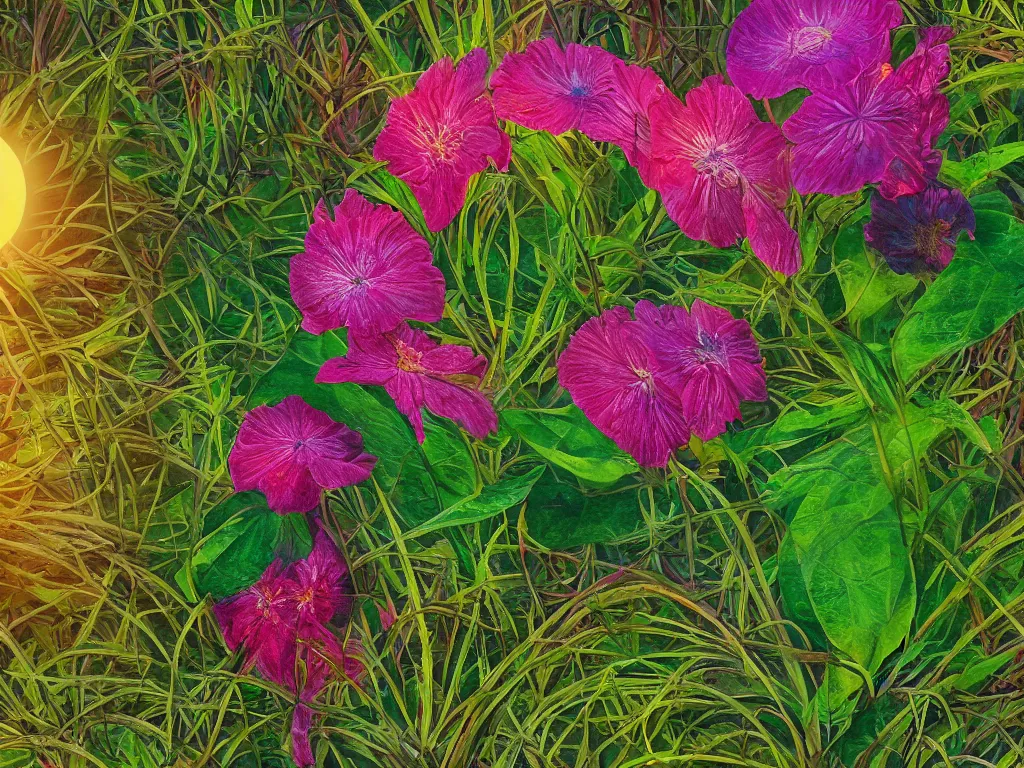 Image similar to sunlight study, kauai wildflower undergrowth within the orb, art nouveau, by maria sibylla merian and ( ( ( ( ( lisa frank ) ) ) ) ), 8 k, sharp focus, octane render