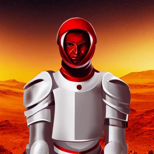 Image similar to headshot of a tall athletic muscular infantry man in glossy sleek white armor with tiny red details and a long red cape, heroic posture, strong jawline, on the surface of mars, night time, dramatic lighting, cinematic, sci-fi, hyperrealistic