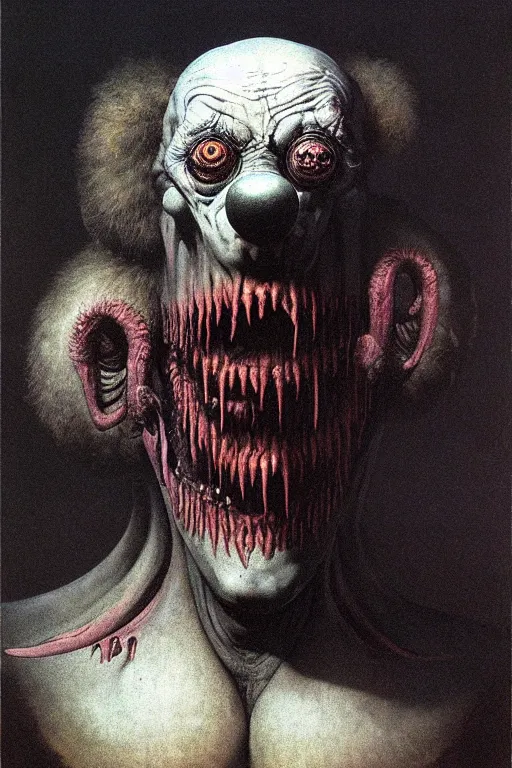 Prompt: horrid, abominable, disgusting, vile, revolting, fanged creature, clown, rembrandt wayne barlowe