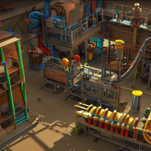 Image similar to 3 d render of a factory videogame. producing magic potions. factorio, rube goldberg. contraptions. clean, arnold render with raytracing.