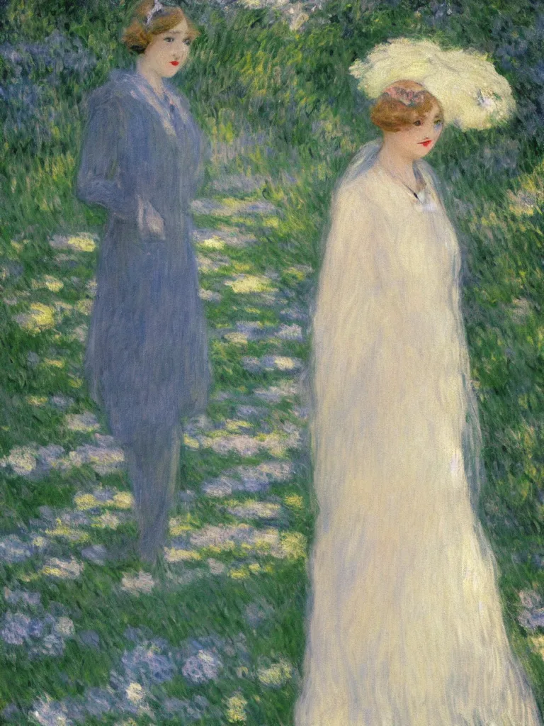 Image similar to portrait of < zelda fitzgerald > as a beautiful young lady wearing 1 9 2 0 s fashion, blurry face, fair, slim, fair, severe out of focus, depth of field, pleinairism, in the sun, backlit, closeup, oil on canvas, atr by monet, in the style of le promenade, smooth, impressionnisme, 8 k