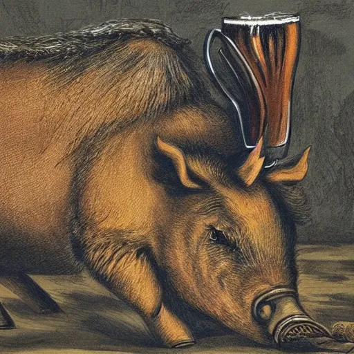 Image similar to a boar drinking beer, tribal style