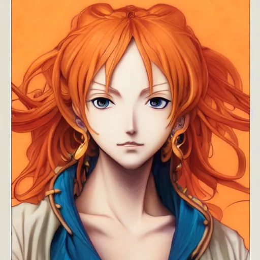 Image similar to intricately detailed vfx portrait of nami from one piece by eiichiro oda, makoto shinkai, alphonse mucha, art by artgerm and greg rutkowski, best of behance, concept art, matte, sharp focus, opulent, orange hair, elegant, adolphe bouguereau, annie leibovitz, stanley kubrick,