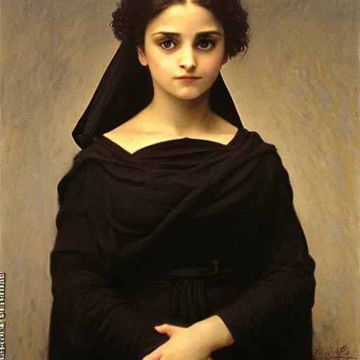 Prompt: A very detailed portrait of Alia Atreides, a girl with glowing blue eyes, wearing a black robe with a burnoose, by William-Adolphe Bouguereau