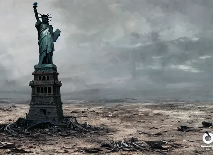 Image similar to a Photorealistic dramatic hyperrealistic render of a ruined destroyed decayed statue of liberty on a desolate beach in a post-apocalyptic world, futuristic nuclear apocalyptic planet of the apes vibe, by WLOP and Artgerm and Greg Rutkowski and Alphonse Mucha, Beautiful dynamic dramatic dark moody lighting, shadows, cinematic atmosphere, Artstation, concept design art, Octane render, 8K, masterpiece