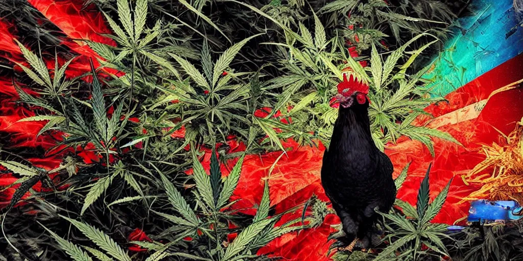 Image similar to 'black rooster'!!! smoking 'cannabis'!!!!!! in front of 'audio console'!!!! and 'pc masterrace RGB custom build'!!!!! 'multi monitors and projectors'!!!! 'in a hi-tech tv broadcasting studio with red camera rig'!!!!, artwork by James Gilleard