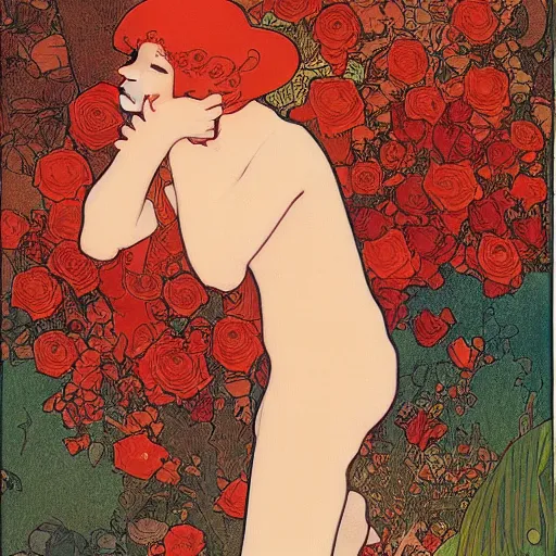 Prompt: A girl lying on a bush, hopeful ,rose .red and orange theme by mucha and murata range