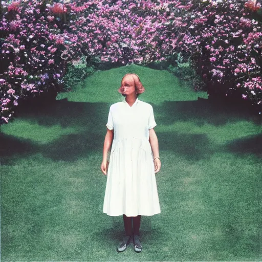 Prompt: woman standing in a french garden, blurry dark creature standing behind her, bright summer day, album cover, by hipgnosis