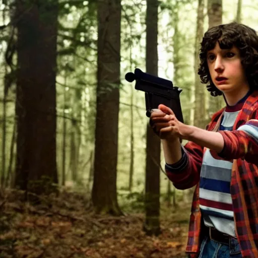 Image similar to Finn Wolfhard (Mike Wheeler) for Stranger Things holding a gun and running in a forest, dramatic lighting, cinematic, establishing shot, extremely high detail, photo realistic, cinematic lighting