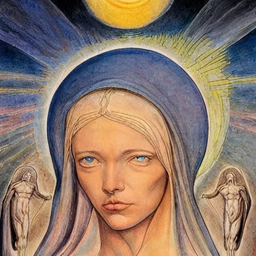 Image similar to most beautiful stabat mater, silk brethren, azure milieu of desert of reality, in the style of william blake, terese nielsen, detailed, intricate, beautiful faces, steve argyle, pastoral fantastic reality