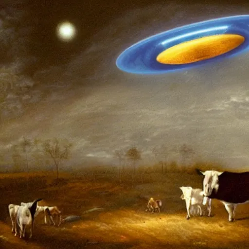 Prompt: A Large UFO Abducting a Cow, Blue Mist, exquisite details