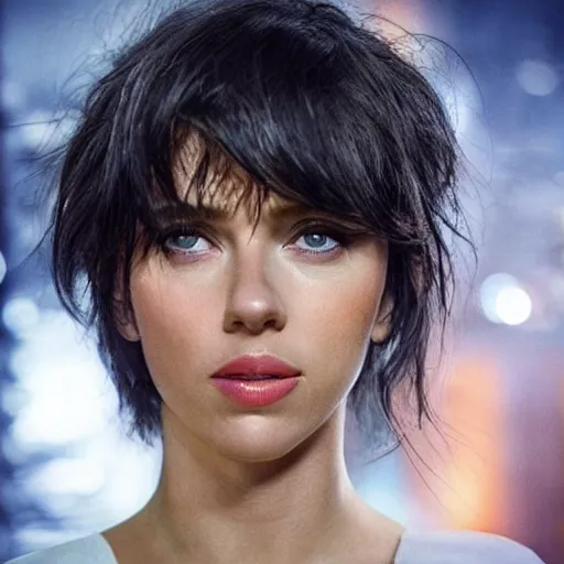 Image similar to a beautiful medium - shot still of scarlett johansson from ghost in the shell looking off into the distance, black hairs with sleek angled bob hairstyle, ultra realistic, soft, blue hour, soft neons light from night city falling on her face. focus on her eyes and brows. by annie leibowitz