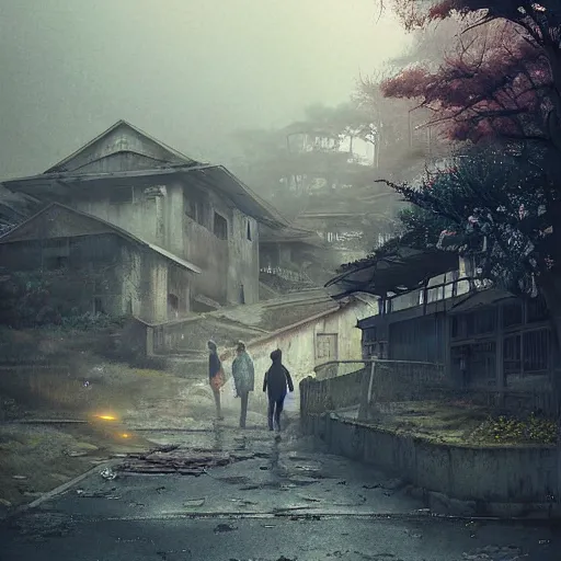 Image similar to walking around dilapidated!! abandoned ikeshima island, nagasaki, japan. volumetric lighting, foggy, spring evening, dark overcast weather, realistic illustration, perfectly shaded, ( golden hour ) soft painting, art by krenz cushart and wenjun lin