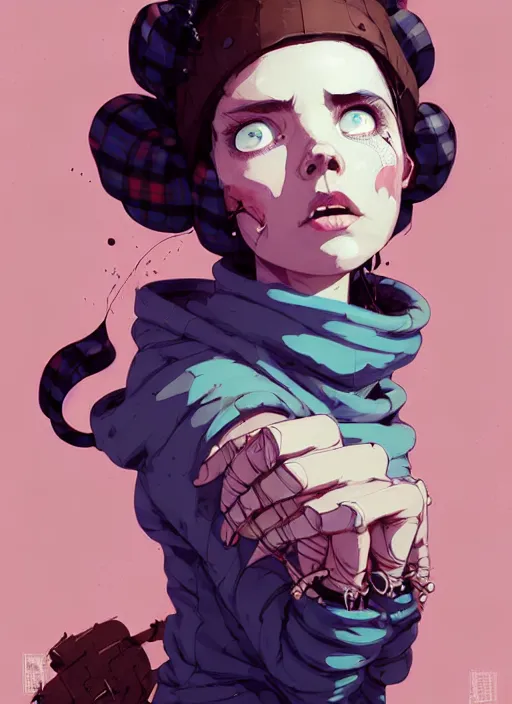 Image similar to highly detailed portrait of a sewer punk lady, blue eyes, tartan hoody, ringlet hair by atey ghailan, by greg rutkowski, by greg tocchini, by james gilleard, by joe fenton, by kaethe butcher, gradient pink, brown, light blue and white color scheme, grunge aesthetic!!! ( ( graffiti tag wall background ) )