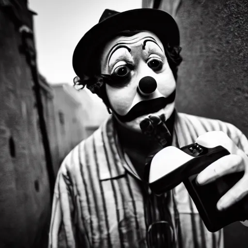 Image similar to an old black & white 5 0 mm close up portrait of a man dressed up as a clown holding a playstation controller in a dark foggy alley