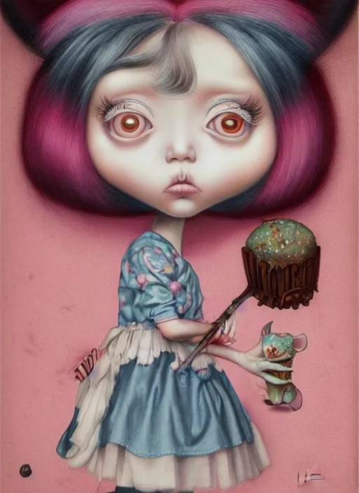 Image similar to pop surrealism, lowbrow art, realistic cute alice girl painting, japanese street fashion, hyper realism, muted colors, mark ryden, trevor brown style