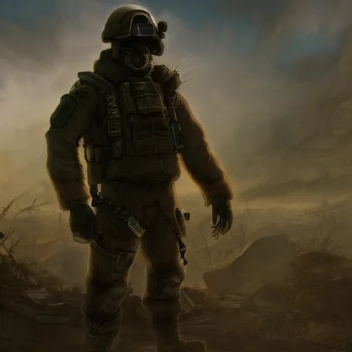 Image similar to postapocalyptic nuclear explosion cinematic background, still portrait of anthropomorphic nafo shiba inu wearing military tactical gear , 4k trending on artstation